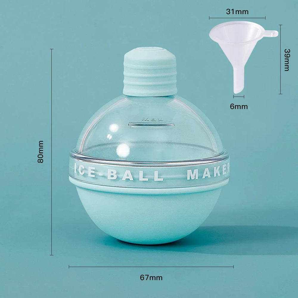 Blue ice ball mold with the maker dimension card, 80mm tall by 67mm wide, and the funnel measured 31mm across, 39mm tall, 6mm spout