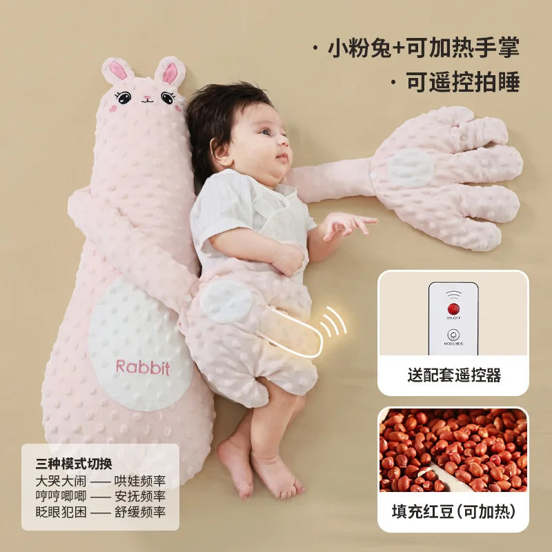 The Pink Rabbit design beside a baby, with Chinese marketing text added by the maker