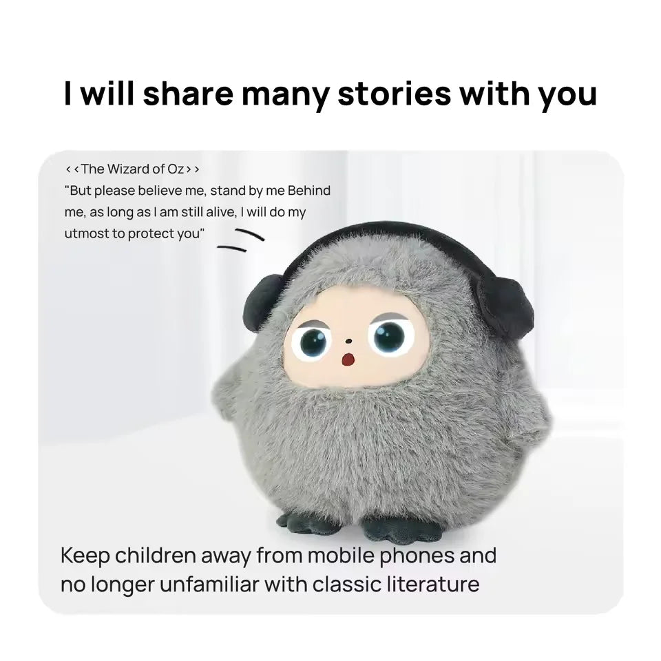 Grey furry plush creature with a vinyl face and large round eyes, photographed wearing black over-ear headphones