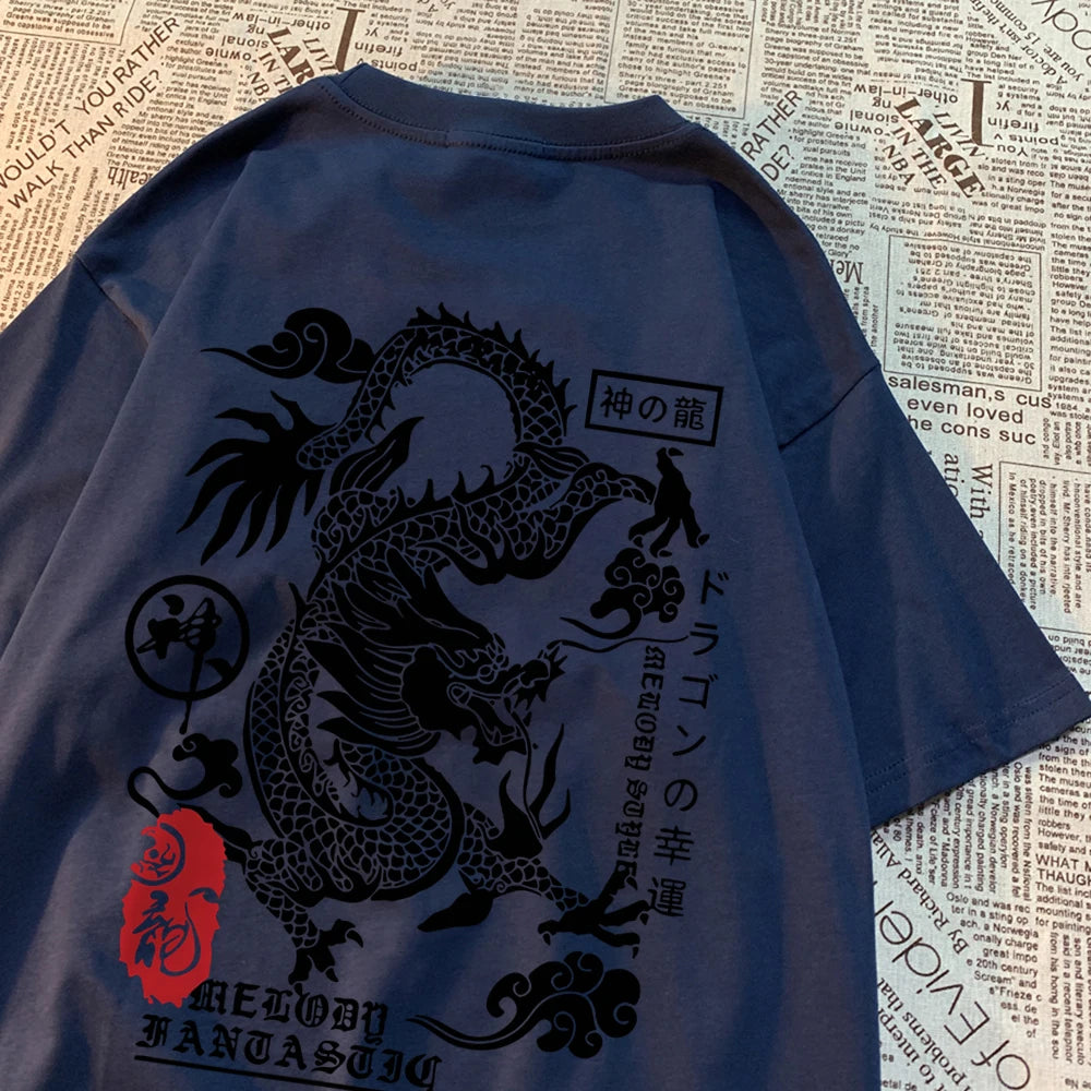 Dark blue cotton tee with a large black dragon printed across the back