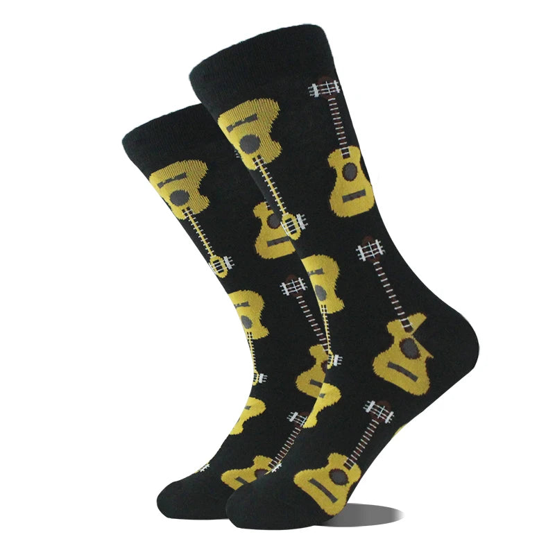 Funny novelty crew socks, yellow guitars design