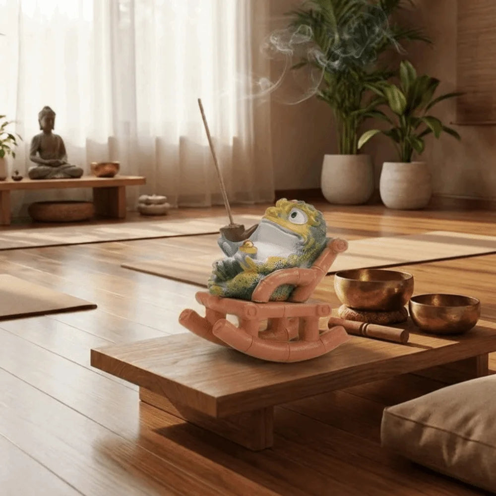 The incense holder on a low wooden table in a staged room