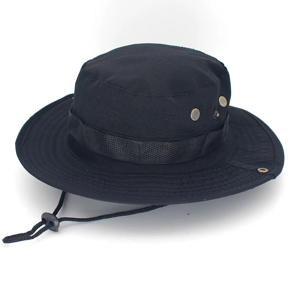 Plain black boonie hat with a wide stiffened brim and chin cord