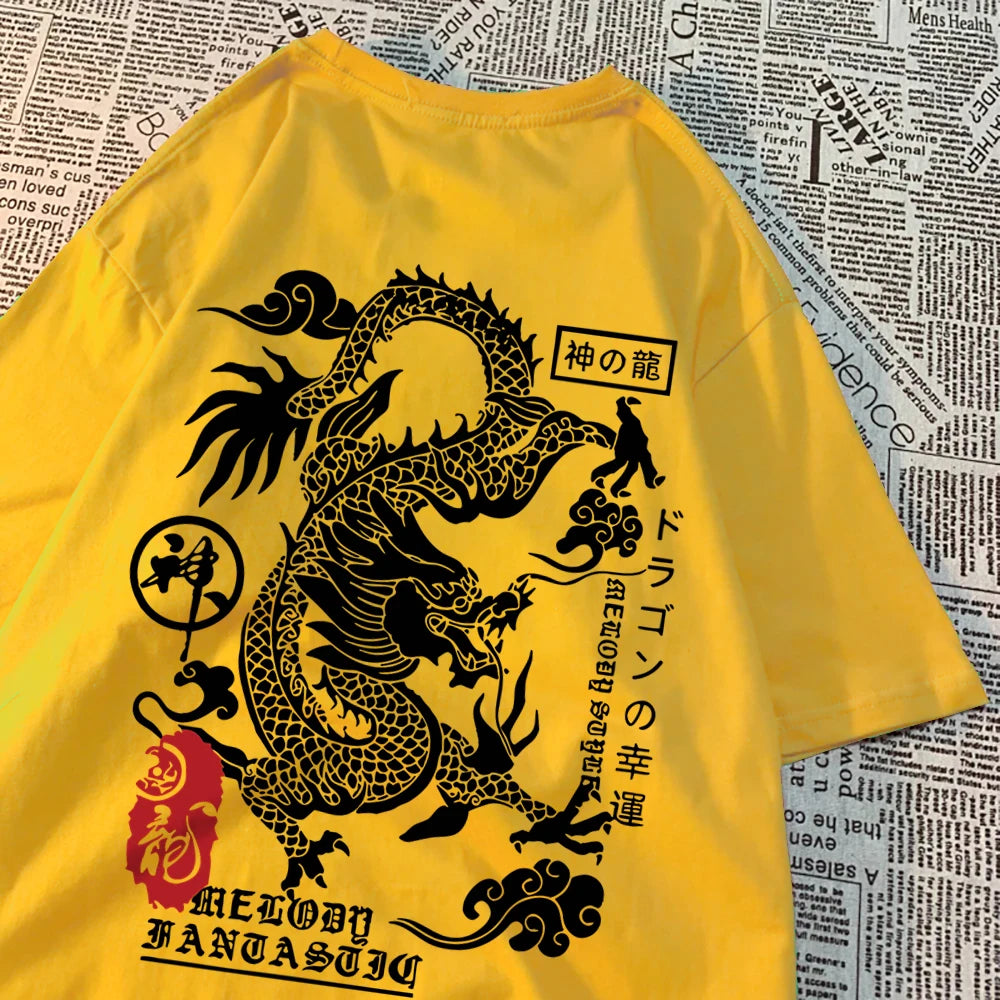 Yellow cotton tee with a large black dragon printed across the back