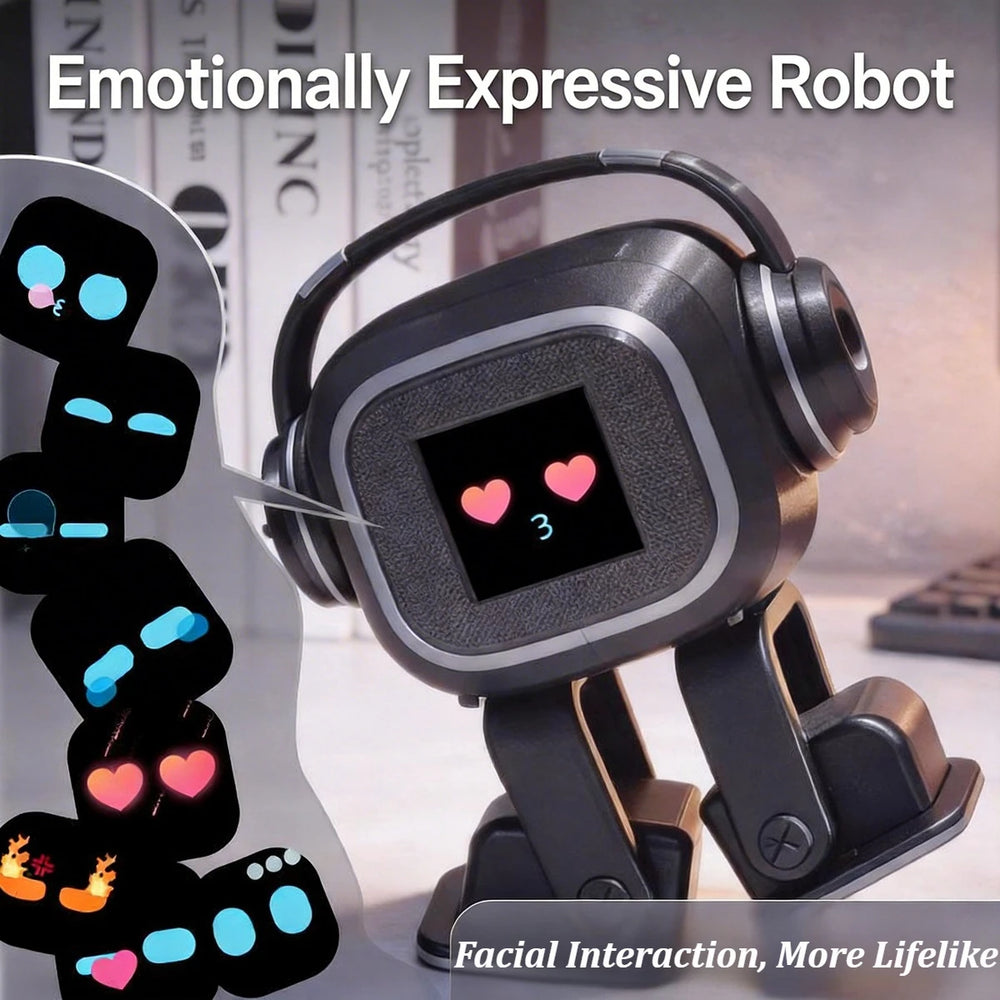 Black desk robot beside a sheet of the expressions its screen face can display, from blinking eyes to hearts