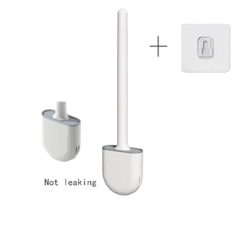 White flat silicone toilet brush with its wall holder and adhesive hook