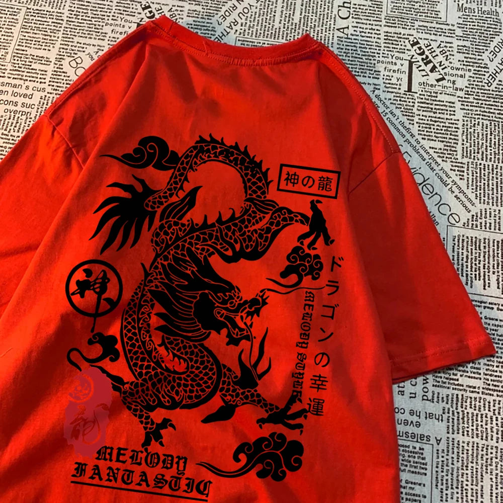 Red cotton tee with a large black dragon printed across the back