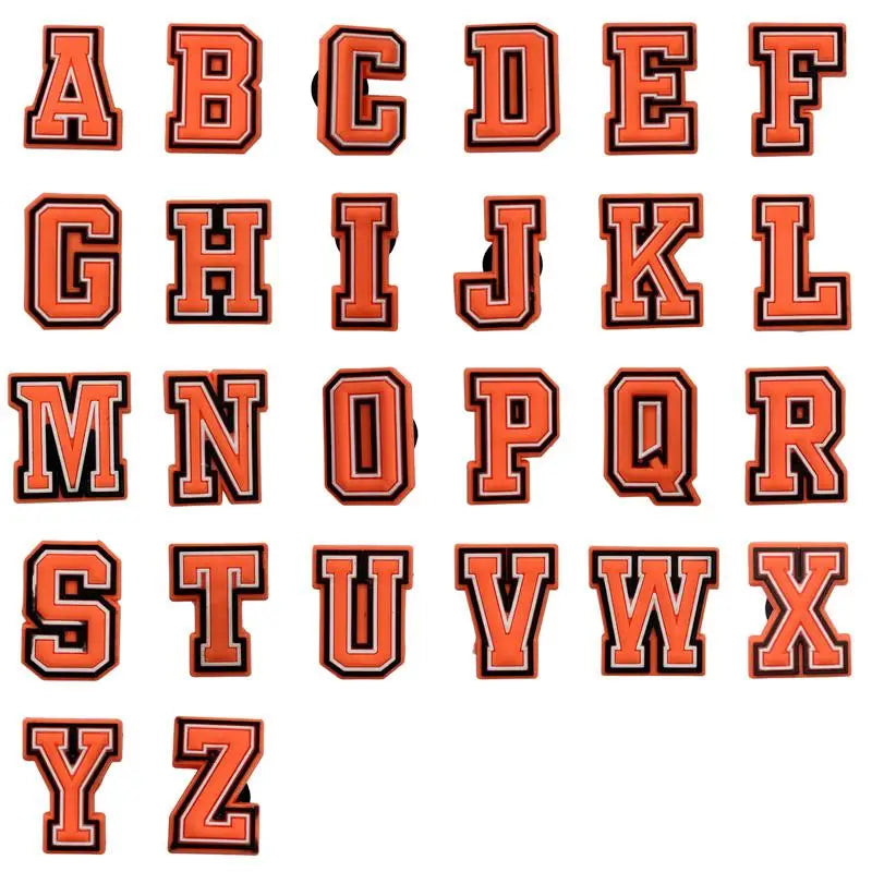 Set of 26 orange letter shoe charms, A to Z
