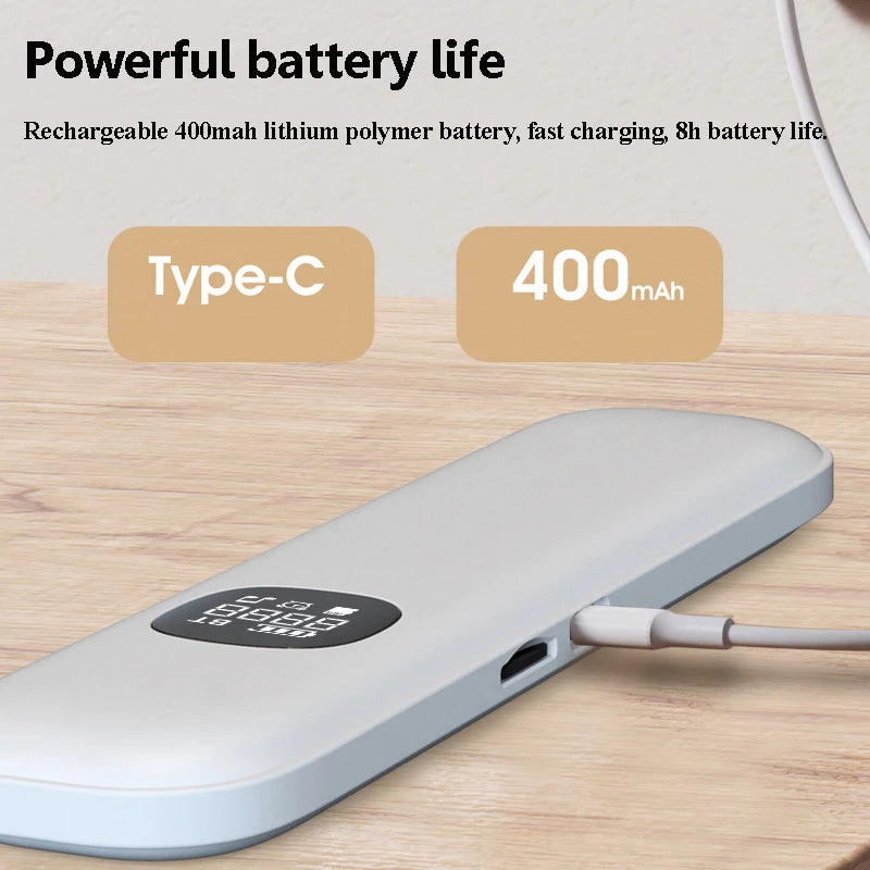 Maker graphic showing the USB-C charging socket and the 400 mAh battery figure