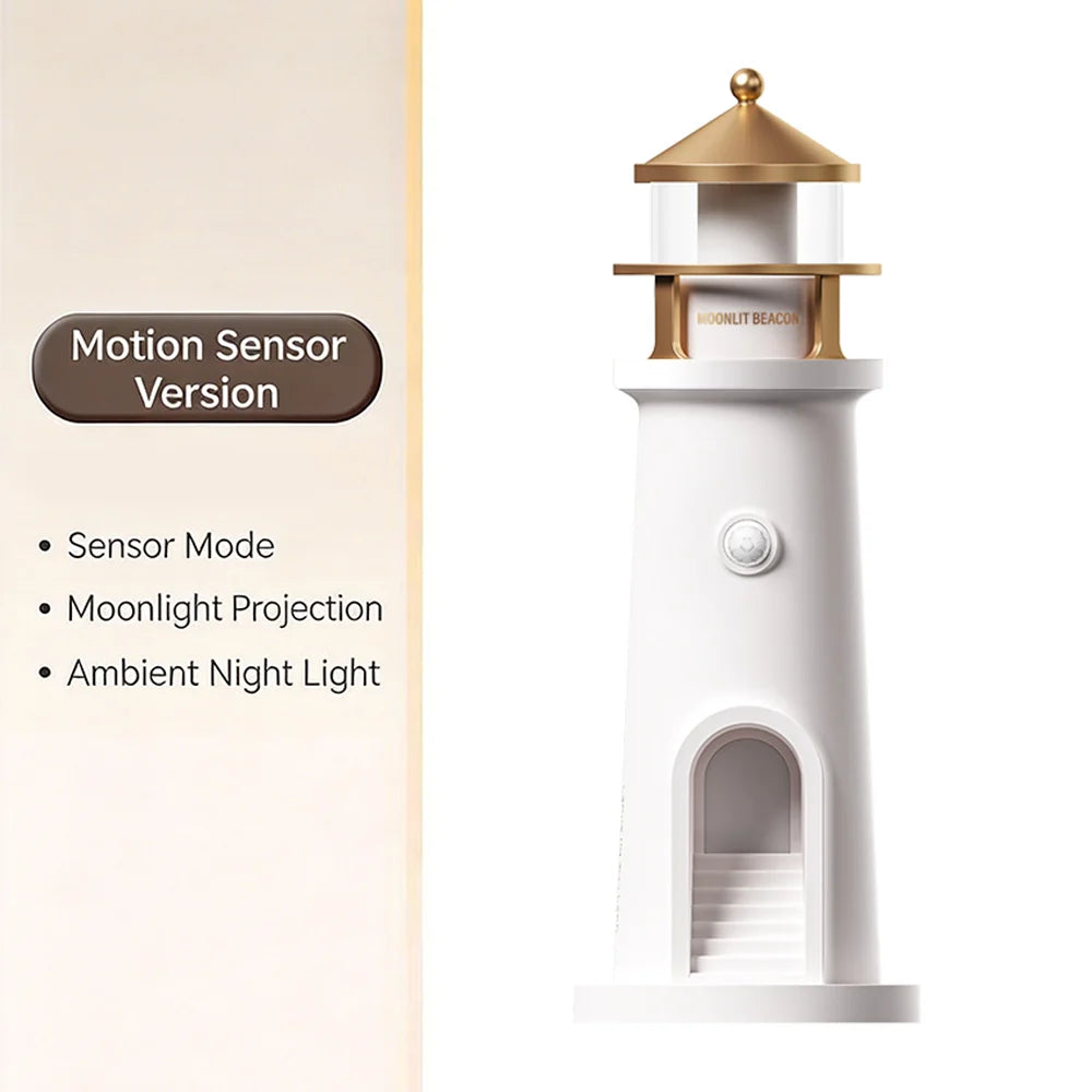Maker feature card headed Motion Sensor Version, listing sensor mode, moonlight projection and ambient night light beside a render of the unlit lighthouse
