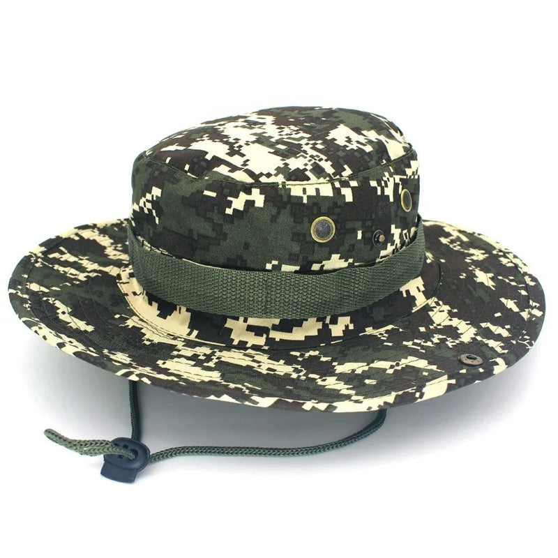 Digital camouflage boonie hat with the webbing band around the crown