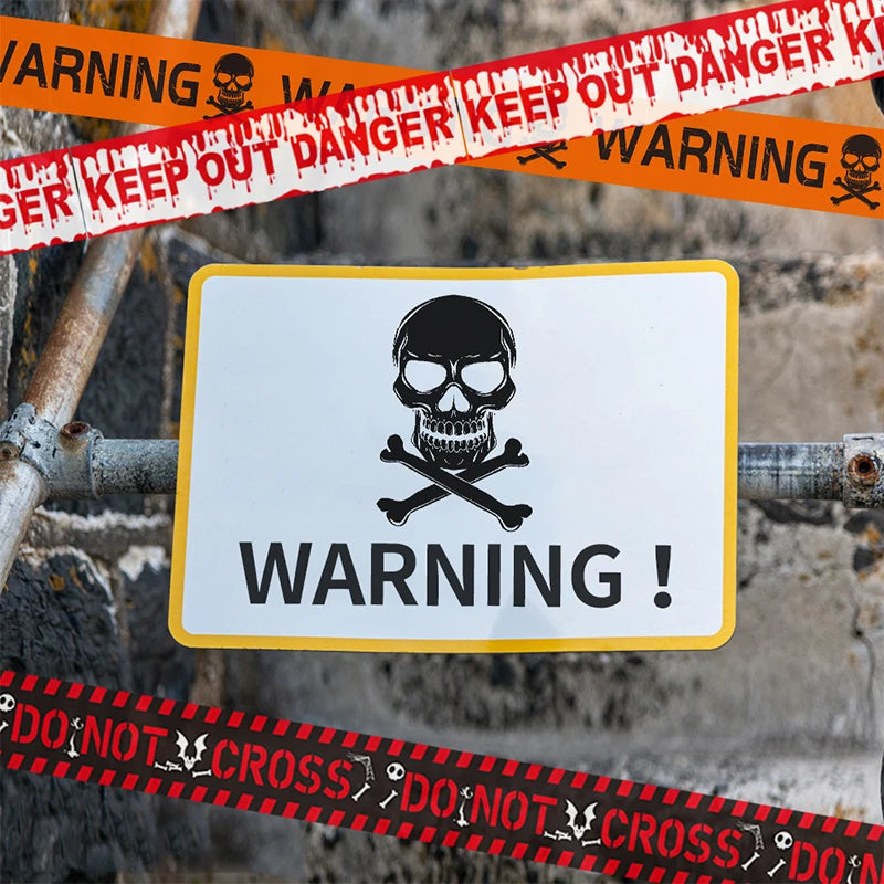 Warning barrier tape strung across a doorway