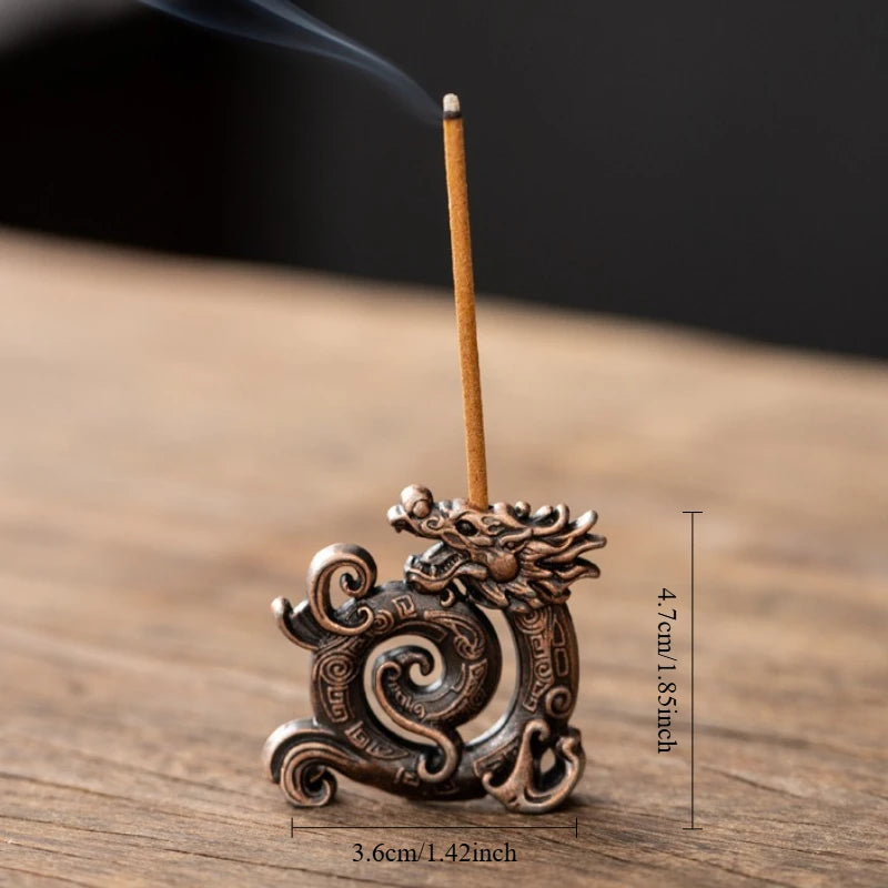 Copper Dragon Head metal stick incense holder, maker size graphic shown
