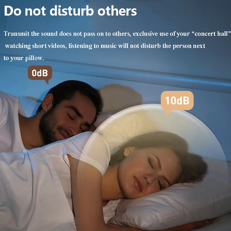 Maker graphic showing the speaker used flat under a pillow beside a sleeping partner