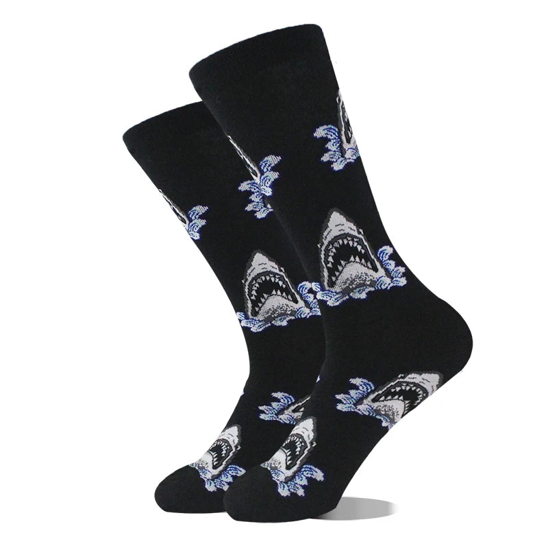 Funny novelty crew socks, shark heads black design