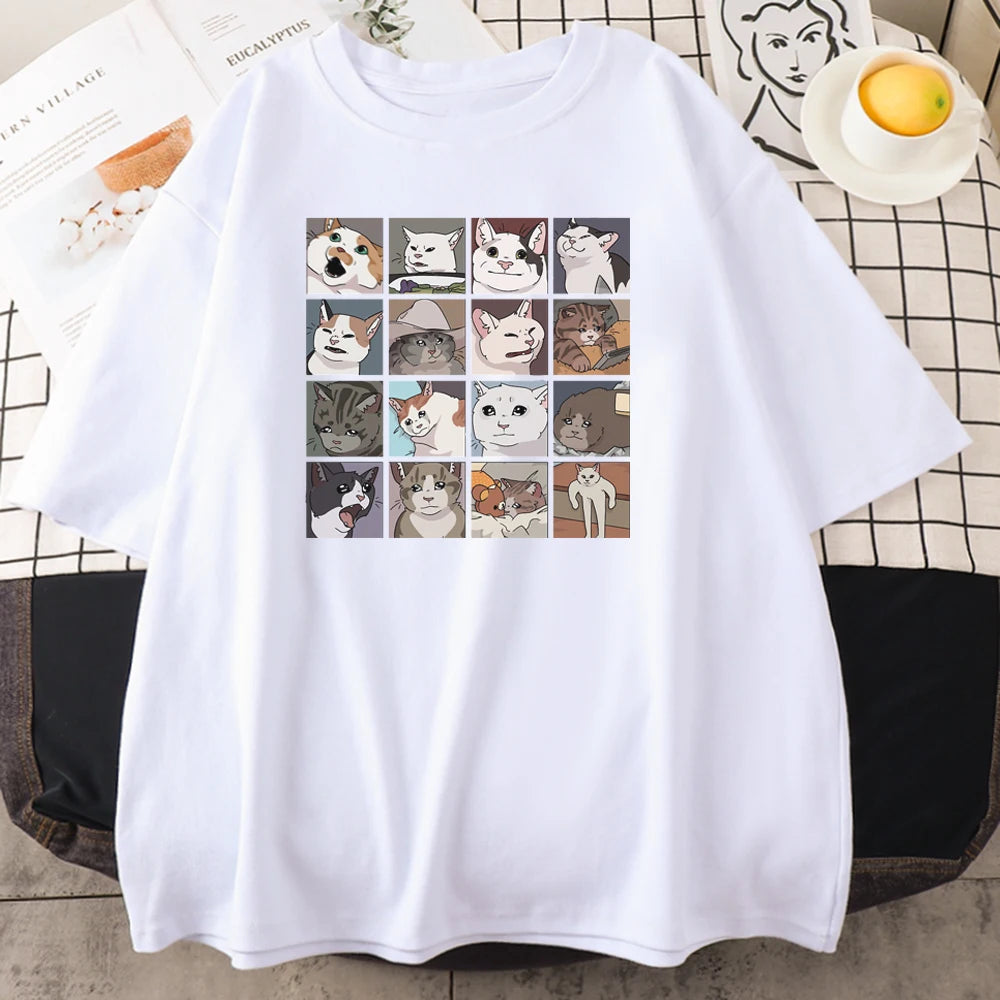 White cotton tee with the sixteen cat faces grid print