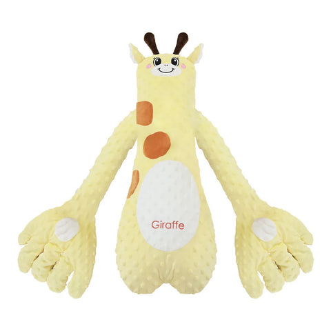The yellow giraffe design photographed alone on a white background, showing the long body and both oversized plush hands