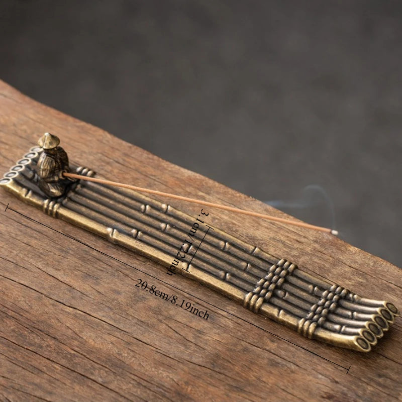Bamboo Raft Long metal stick incense holder, maker size graphic shown
