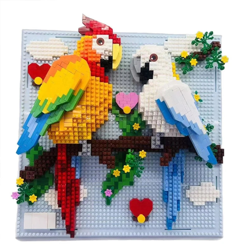 Flat view of the parrot panel: a scarlet macaw and a white cockatoo on a branch with flowers and hearts on a pale blue grey board