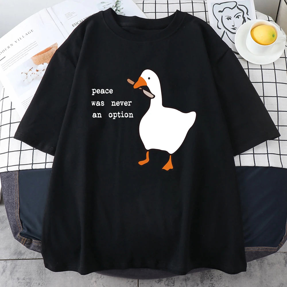 Black cotton tee with the white goose and slogan print