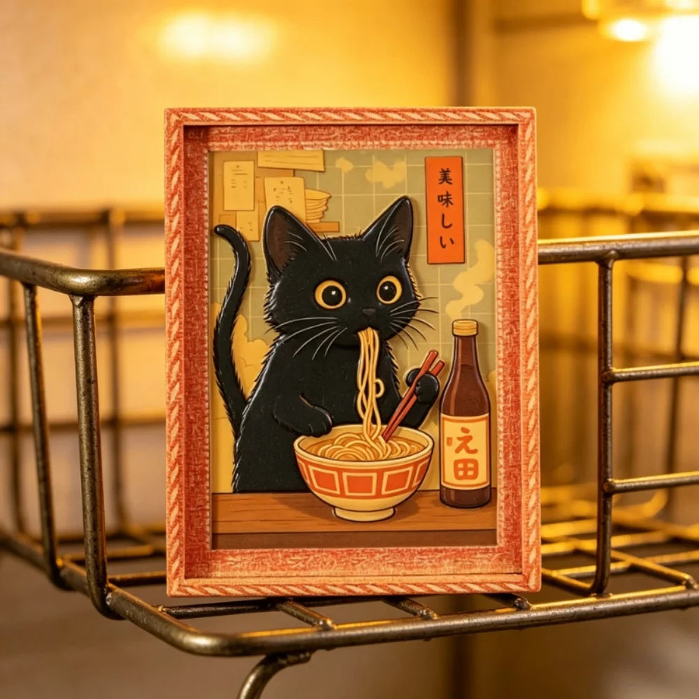 The framed cat magnet resting on a gold wire shelf in a warm-lit room
