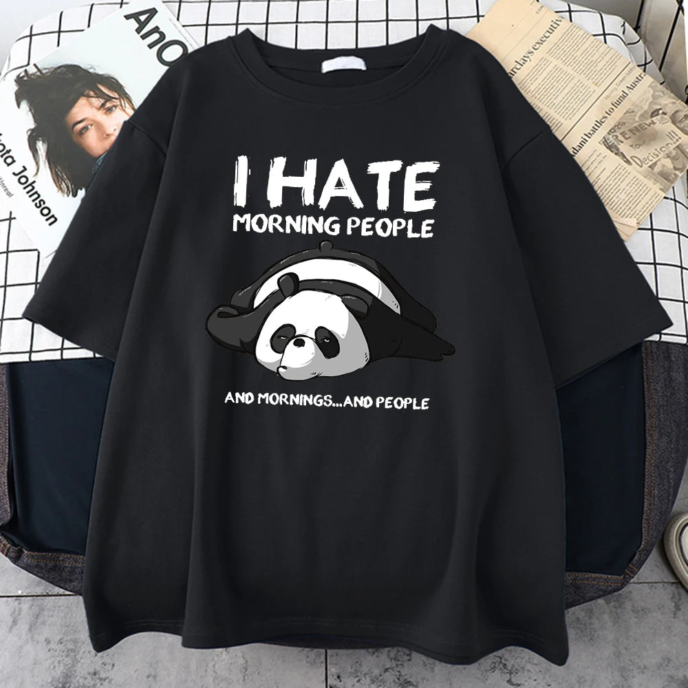Black cotton tee printed with a sleeping panda and I Hate Morning People