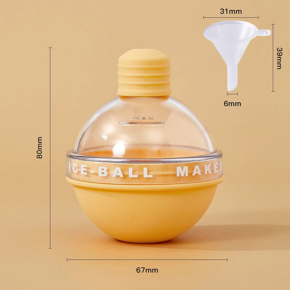 Yellow ice ball mold with the maker dimension card, 80mm tall by 67mm wide, and the funnel measured 31mm across, 39mm tall, 6mm spout