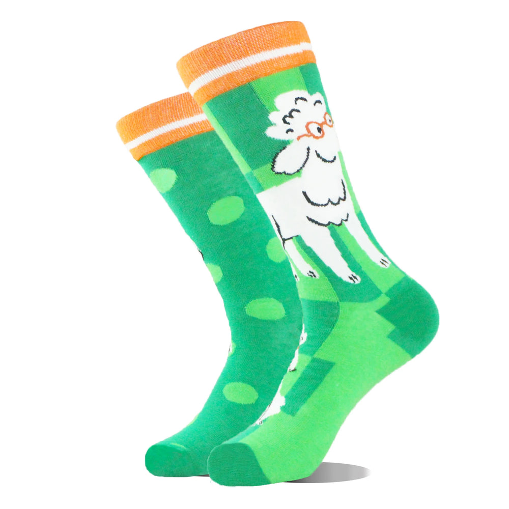Funny novelty crew socks, white sheep design