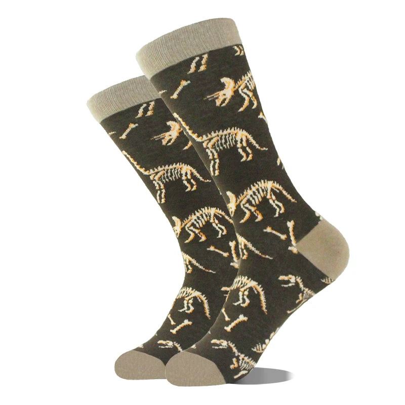Funny novelty crew socks, dinosaur skeletons design
