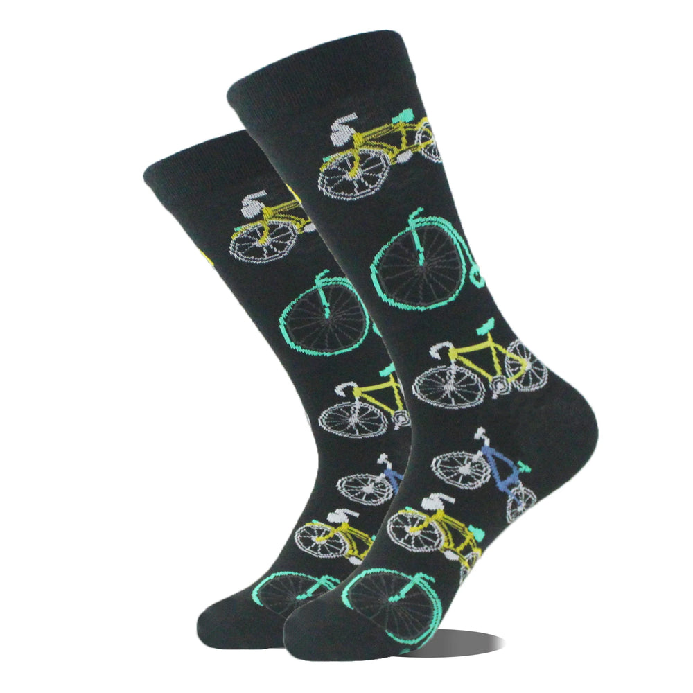 Funny novelty crew socks, neon bicycles design