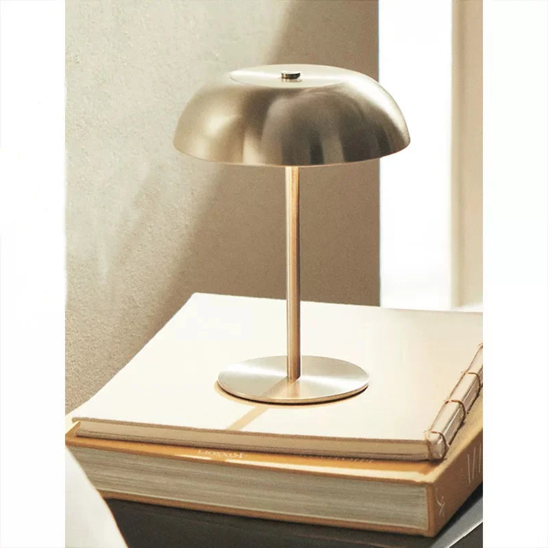 The lamp standing on a white book, shade catching the light