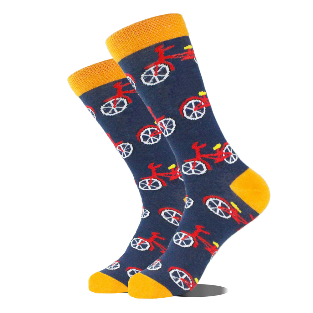Funny novelty crew socks, red bicycles design