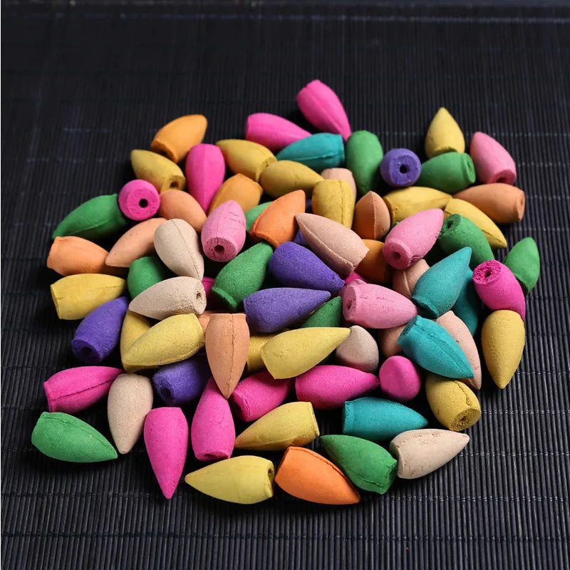 Backflow incense cones in assorted colours - the supplier's cones-only packs, which we do not stock