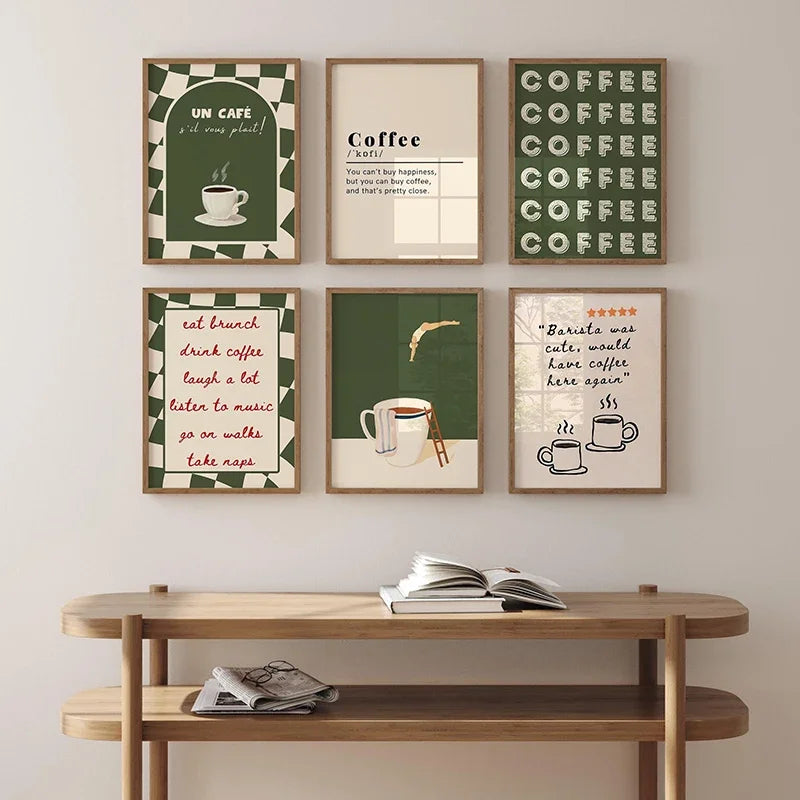 Mock-up of a gallery wall of coffee prints above a wooden console table