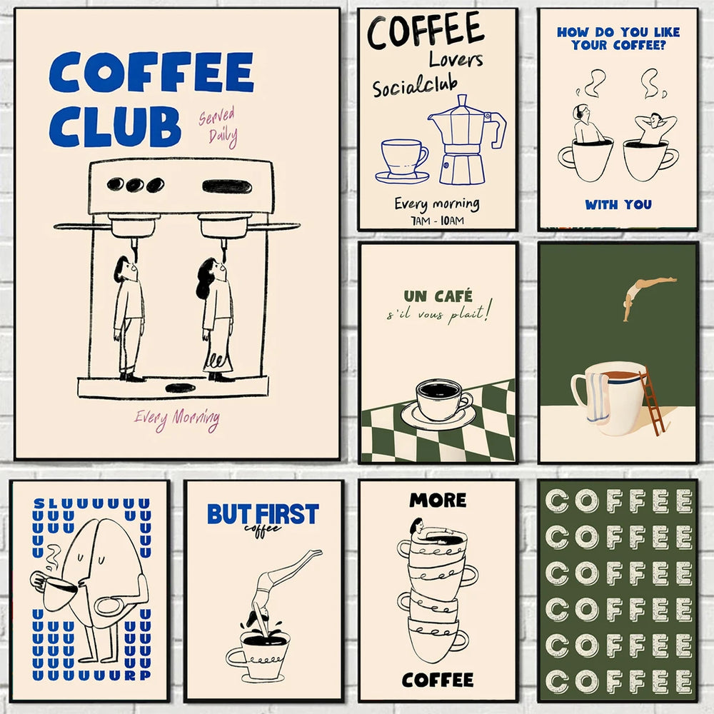 Twelve of the coffee print designs shown together as a grid