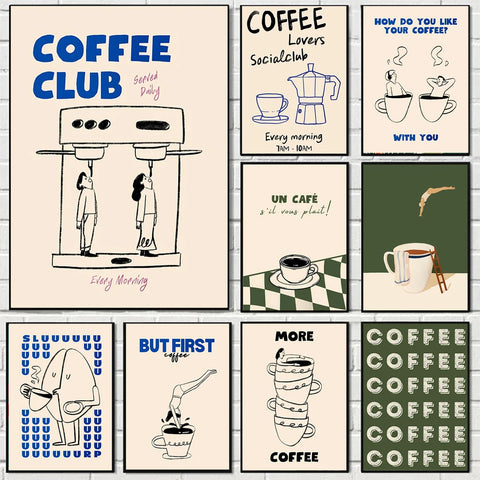 Twelve of the coffee print designs shown together as a grid