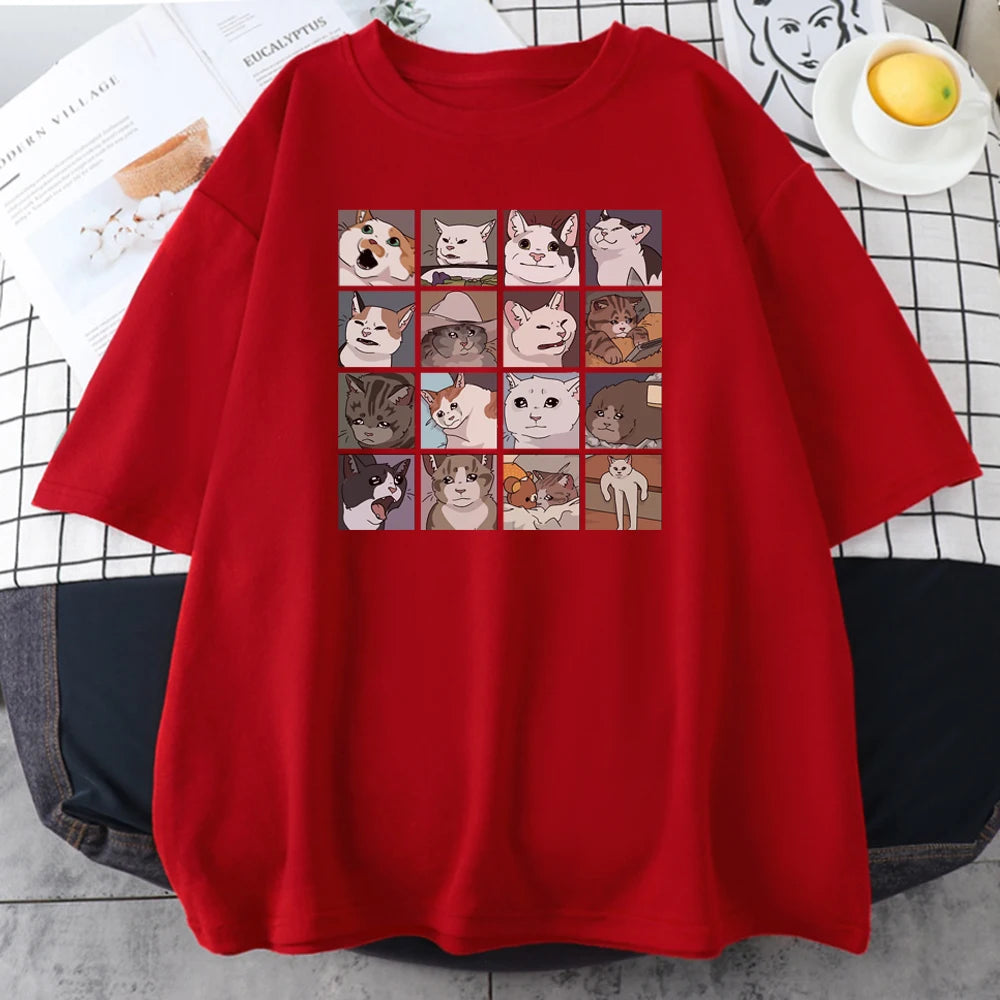 Red cotton tee with the sixteen cat faces grid print