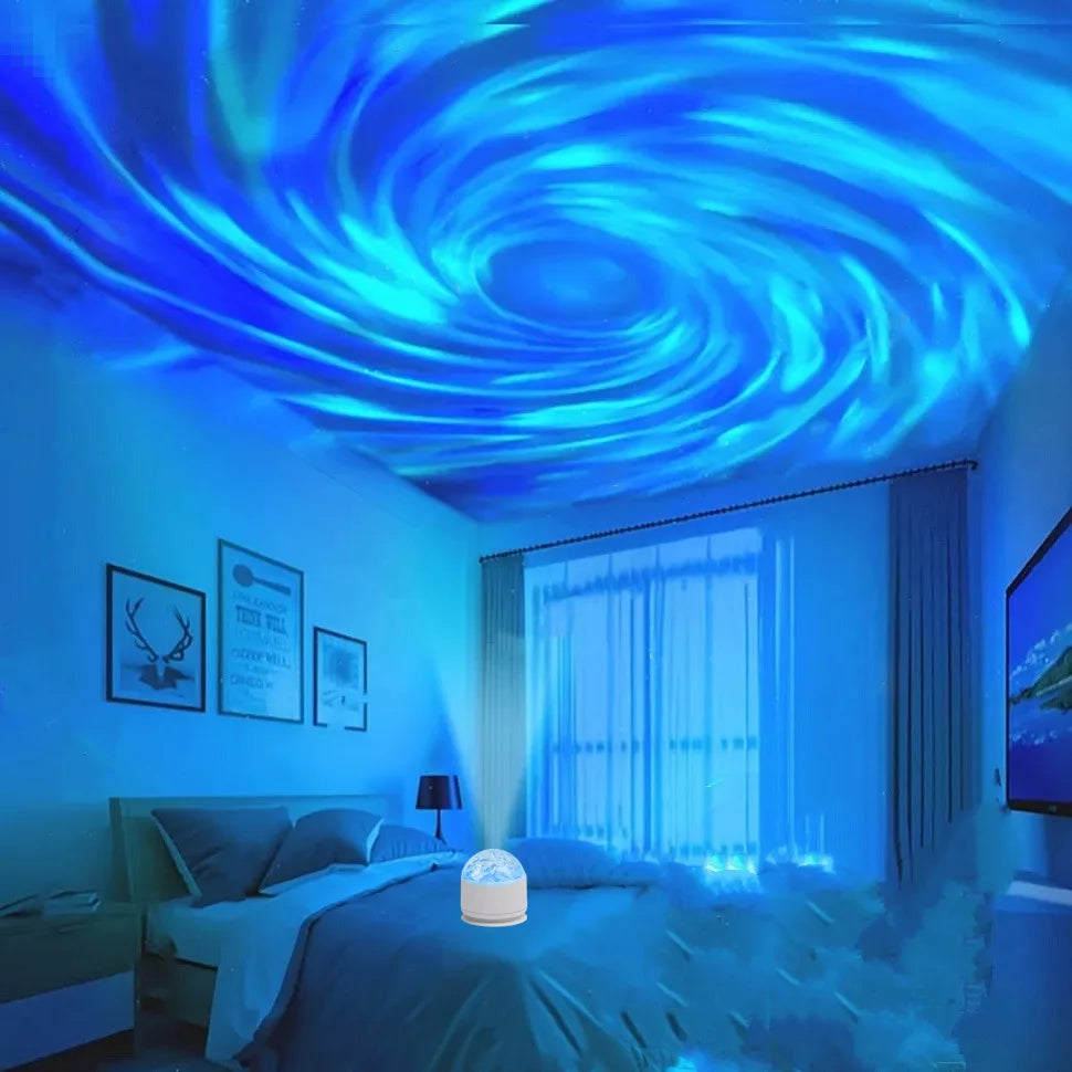 The rotating swirl projection turning across a bedroom ceiling in blue