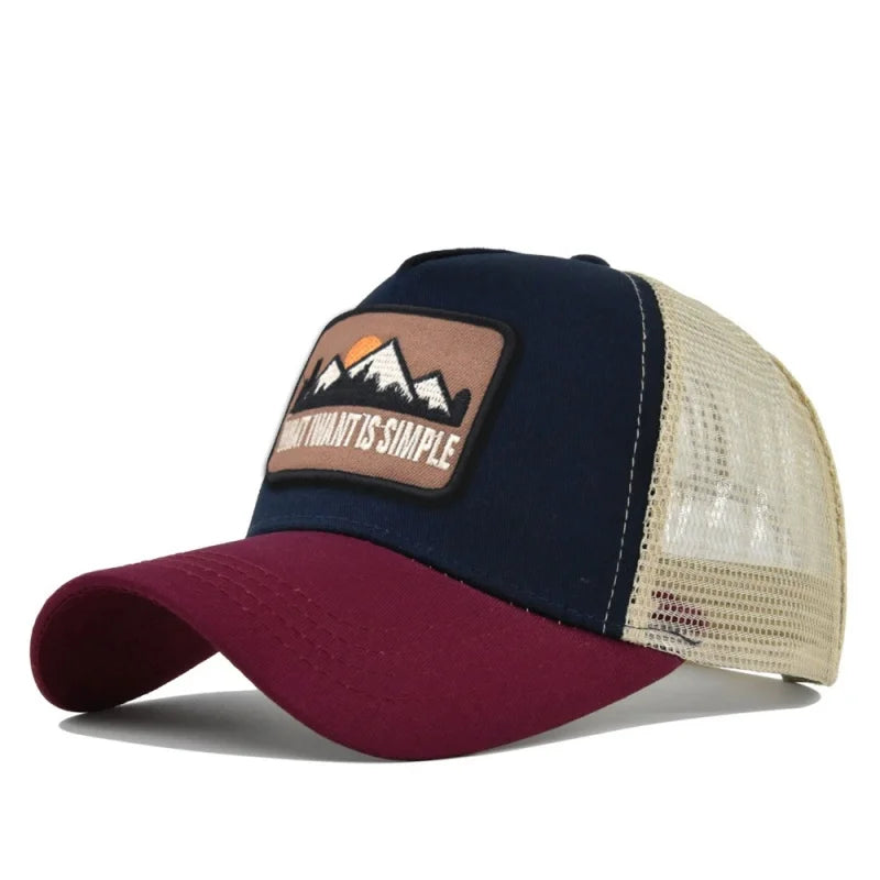Navy crown with burgundy brim and cream mesh