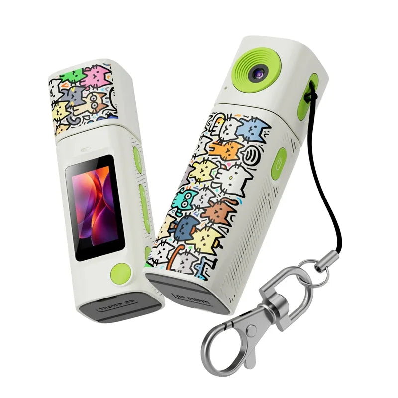 White keychain mini camera printed with cartoon cats, colour screen and snap clip