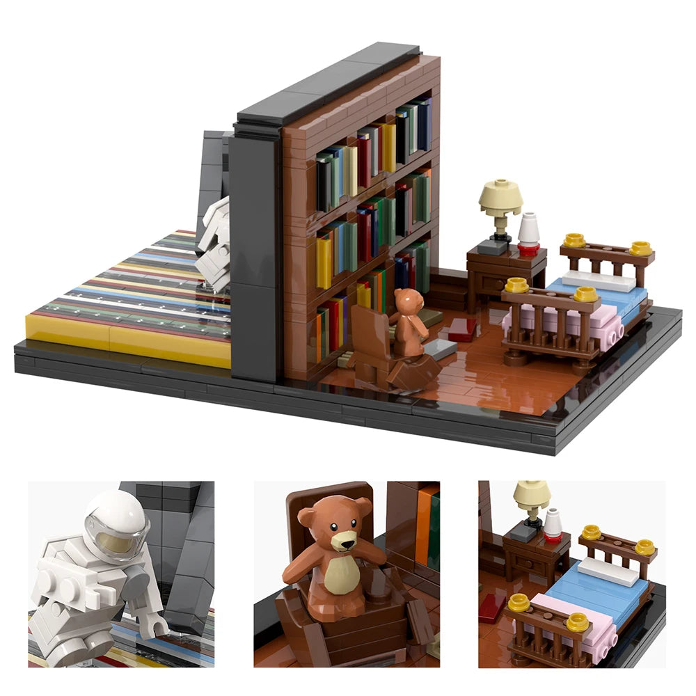 Brick built bedroom diorama with a packed bookcase, a bed, a nightstand lamp and a small bear on a chair, beside a wall of coloured stripes with a white astronaut figure, plus three close up details