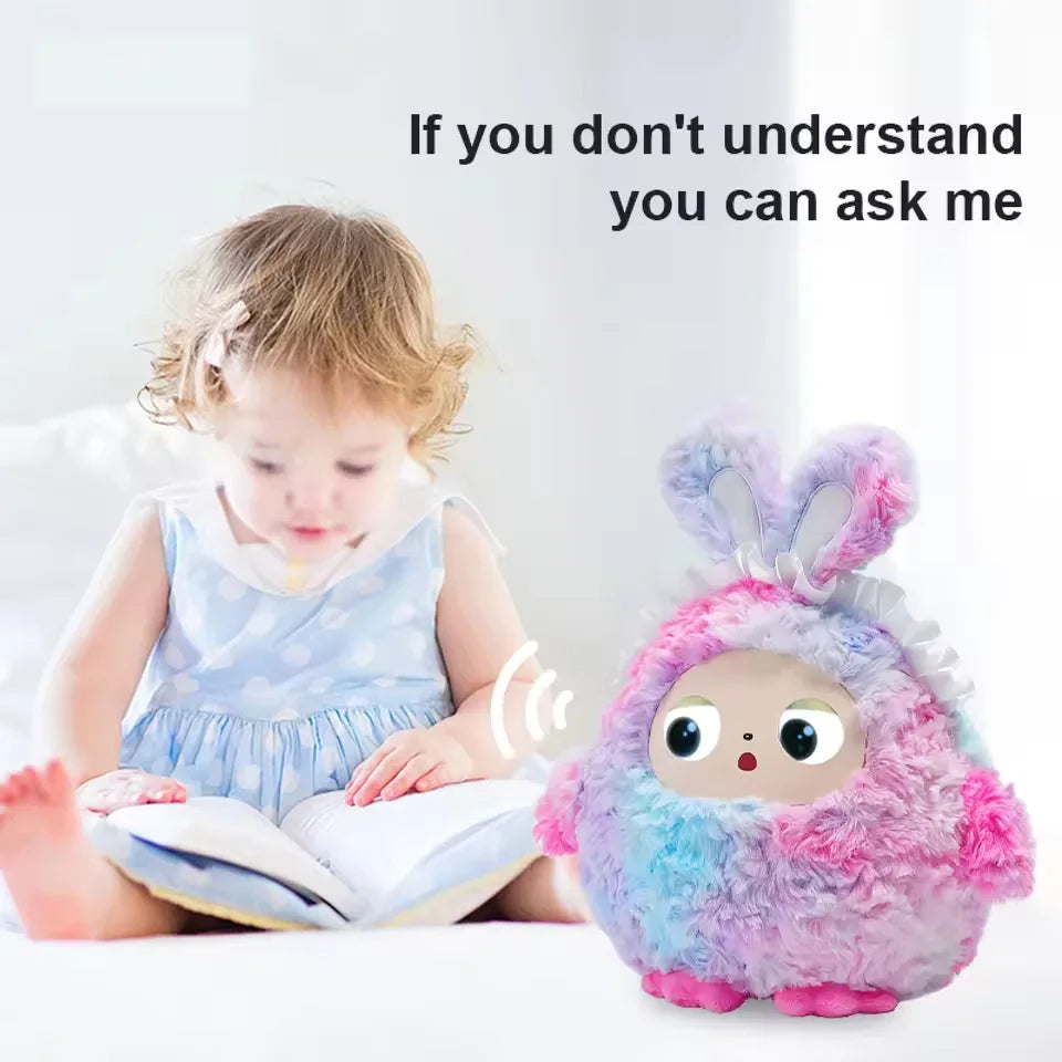 Rainbow pink and blue furry plush creature with long rabbit ears and a white ruffle collar