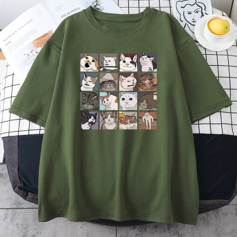 Dark green cotton tee with the sixteen cat faces grid print
