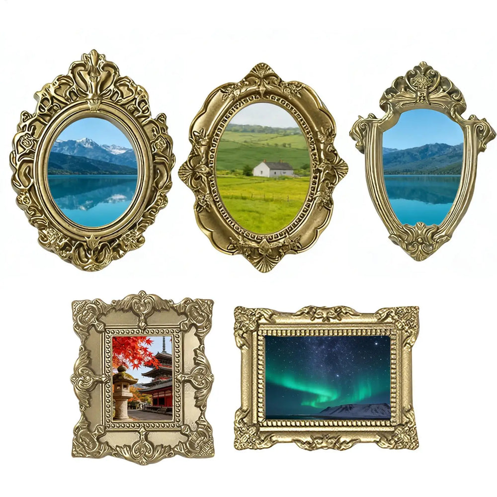 All five frame shapes shown together, oval, shield and rectangular, holding small landscape prints