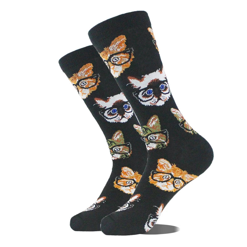 Funny novelty crew socks, cats with glasses design