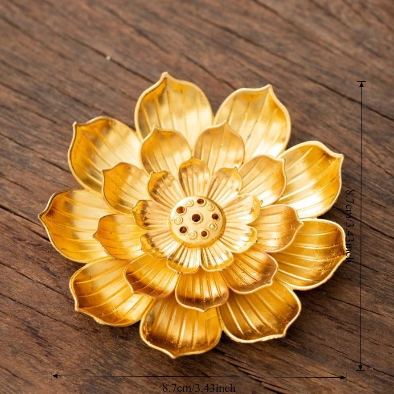 Gold Lotus Plate Large metal stick incense holder, maker size graphic shown