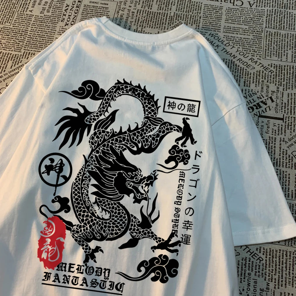 White cotton tee with a large black dragon printed across the back