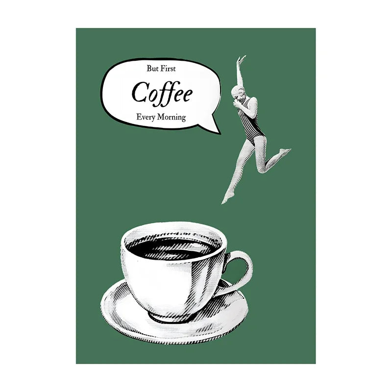 Coffee canvas print, design: Engraved cup on green