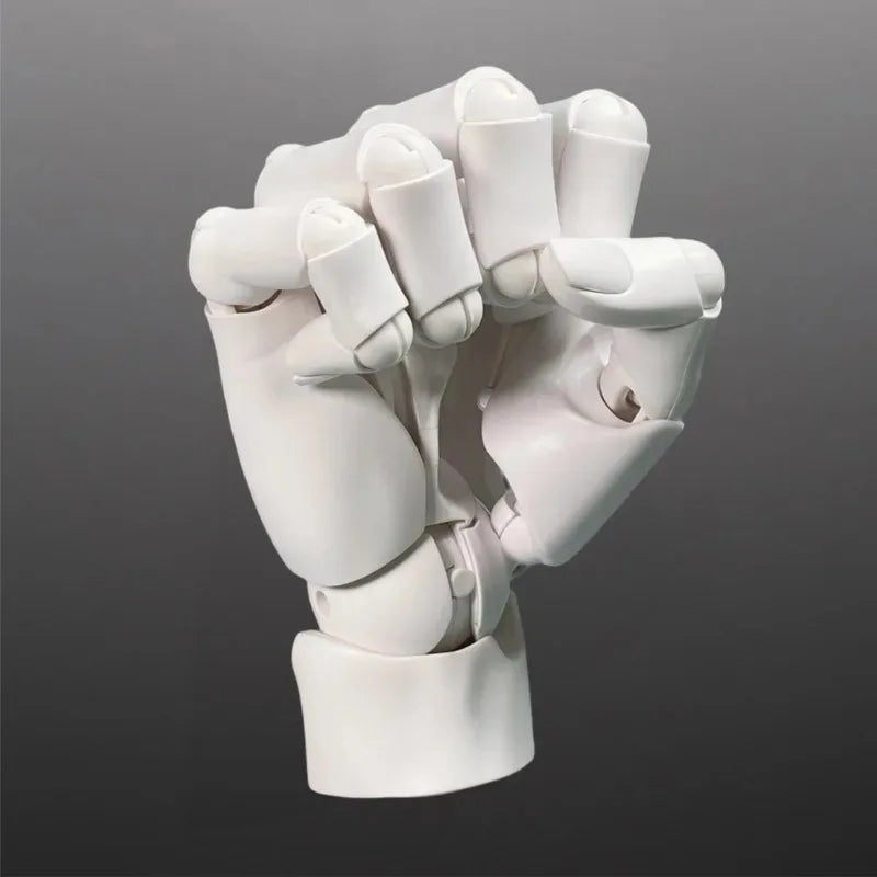 Close-up of a white poseable hand model closed into a loose fist