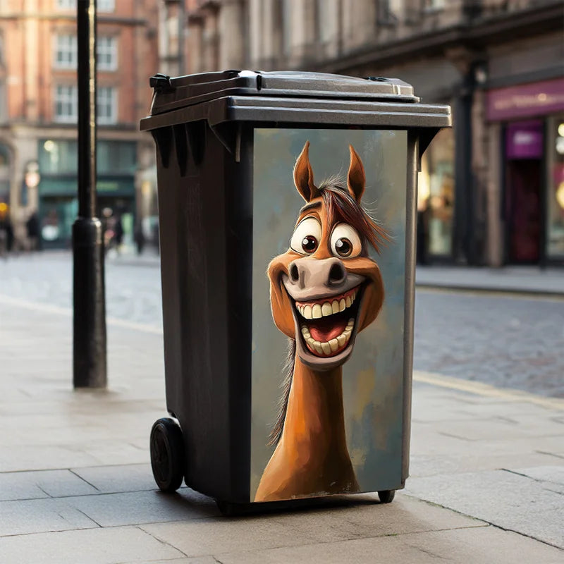 A closer view of the horse decal on a dark wheelie bin